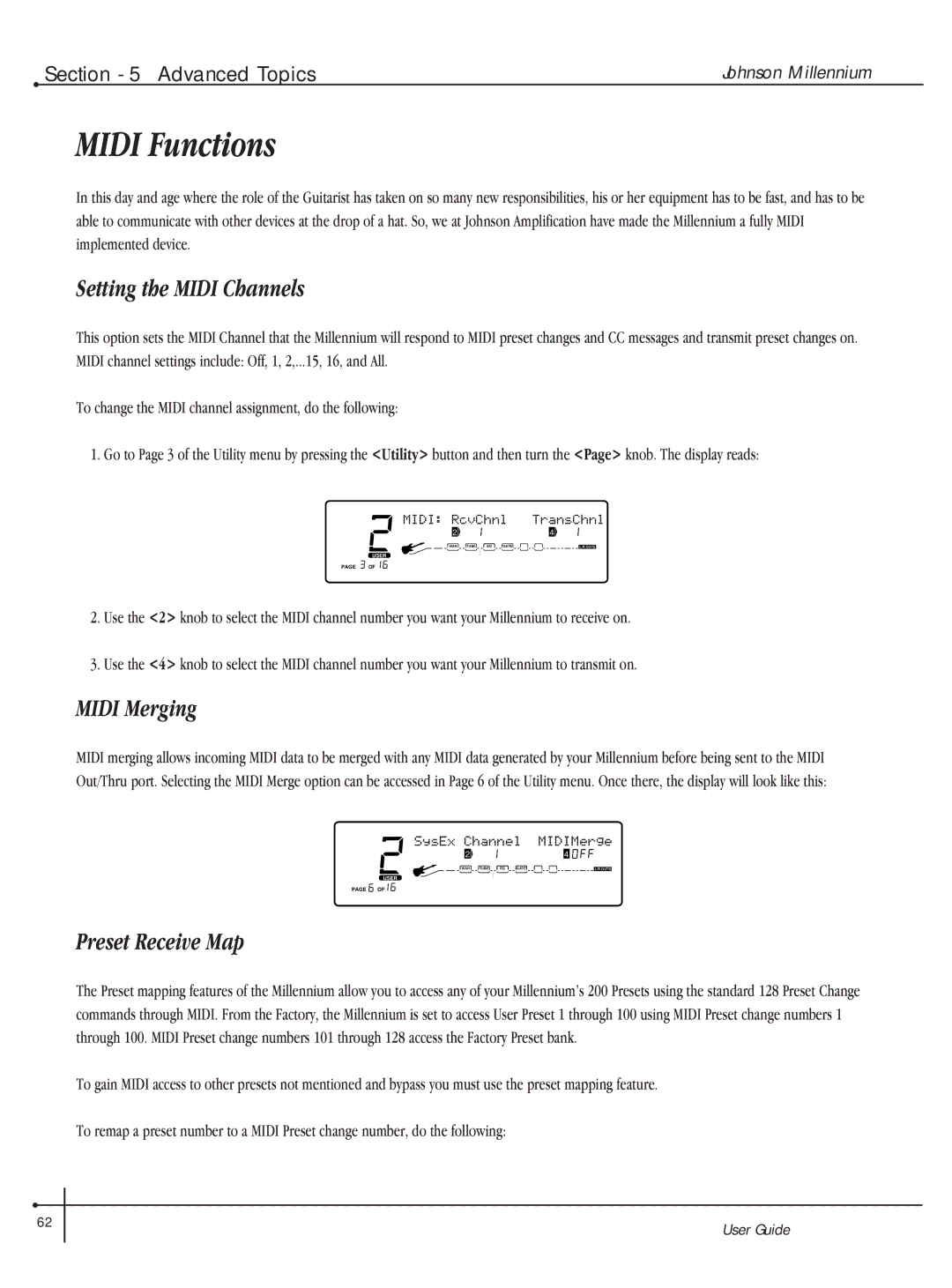 Millennium Enterprises Integrated Modeling Amplifier manual Midi Functions, Setting the Midi Channels, Midi Merging 