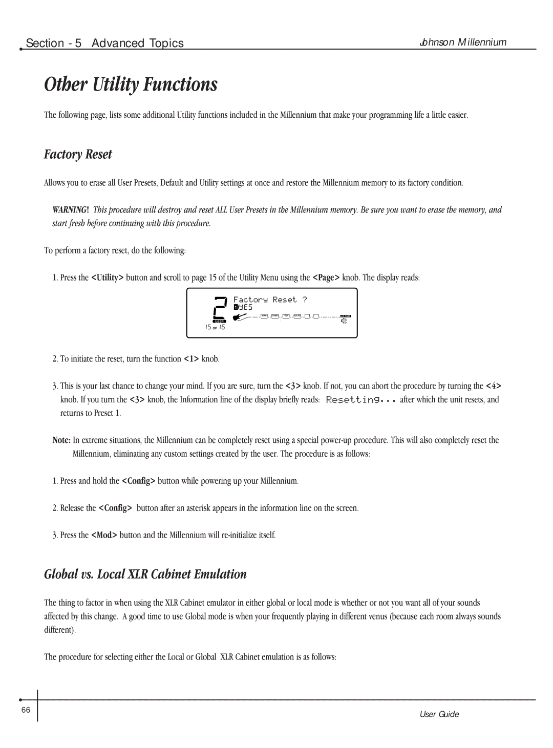 Millennium Enterprises Integrated Modeling Amplifier manual Other Utility Functions, Factory Reset 