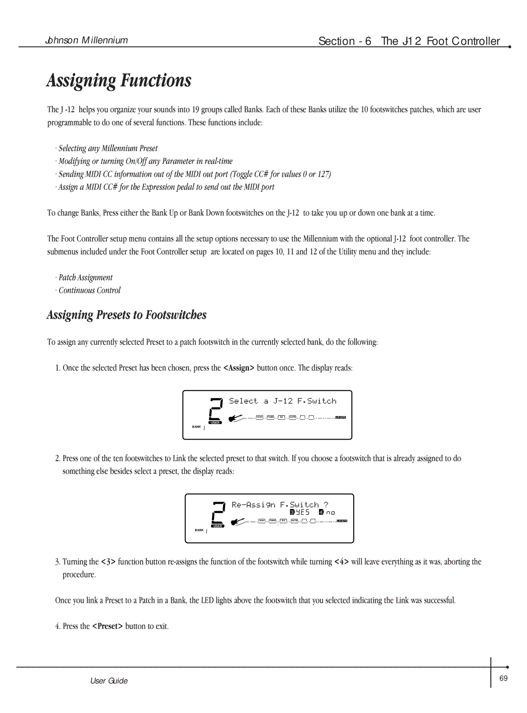 Millennium Enterprises Integrated Modeling Amplifier manual Assigning Functions, Assigning Presets to Footswitches 