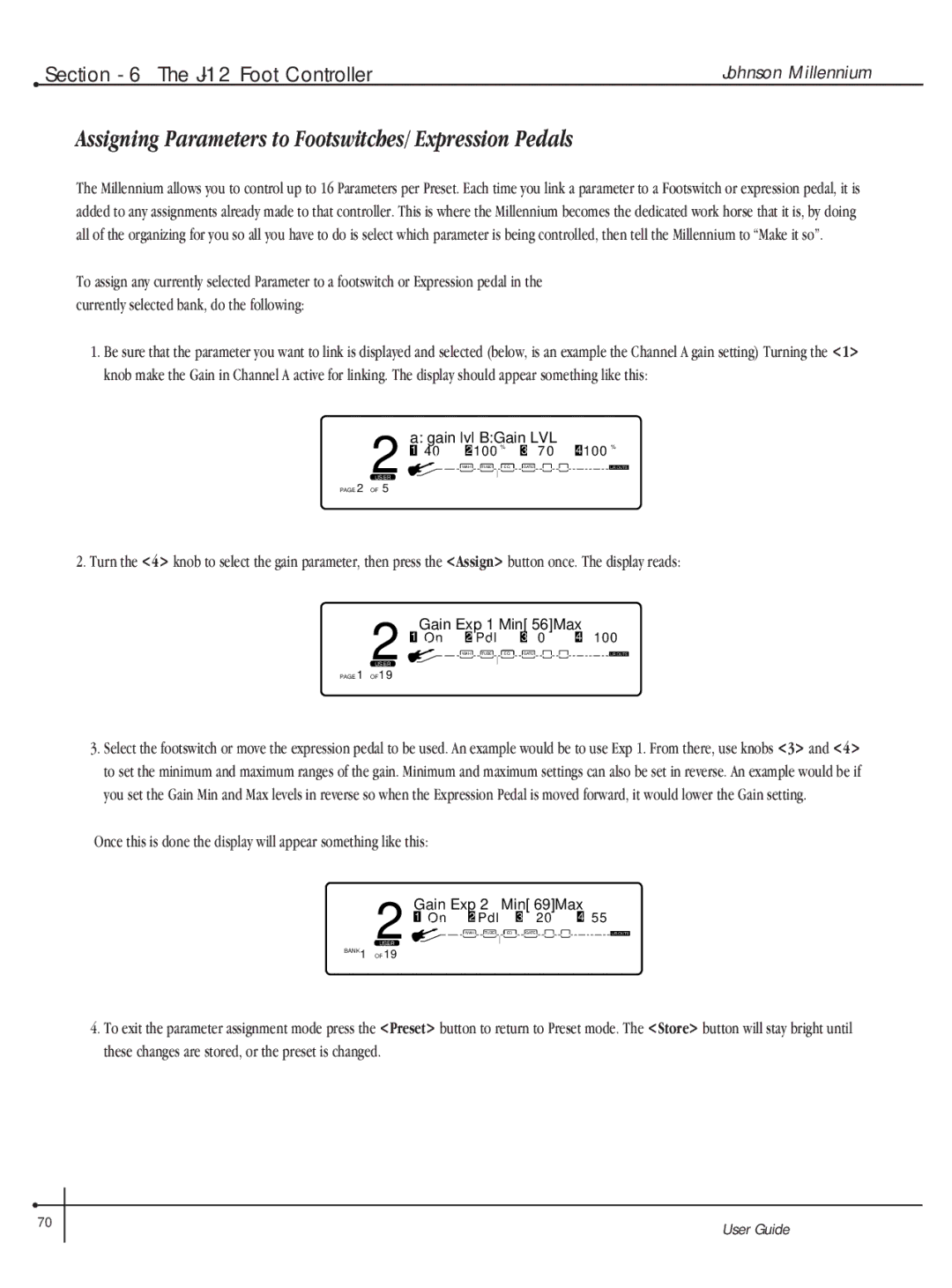 Millennium Enterprises Integrated Modeling Amplifier manual Assigning Parameters to Footswitches/ Expression Pedals 