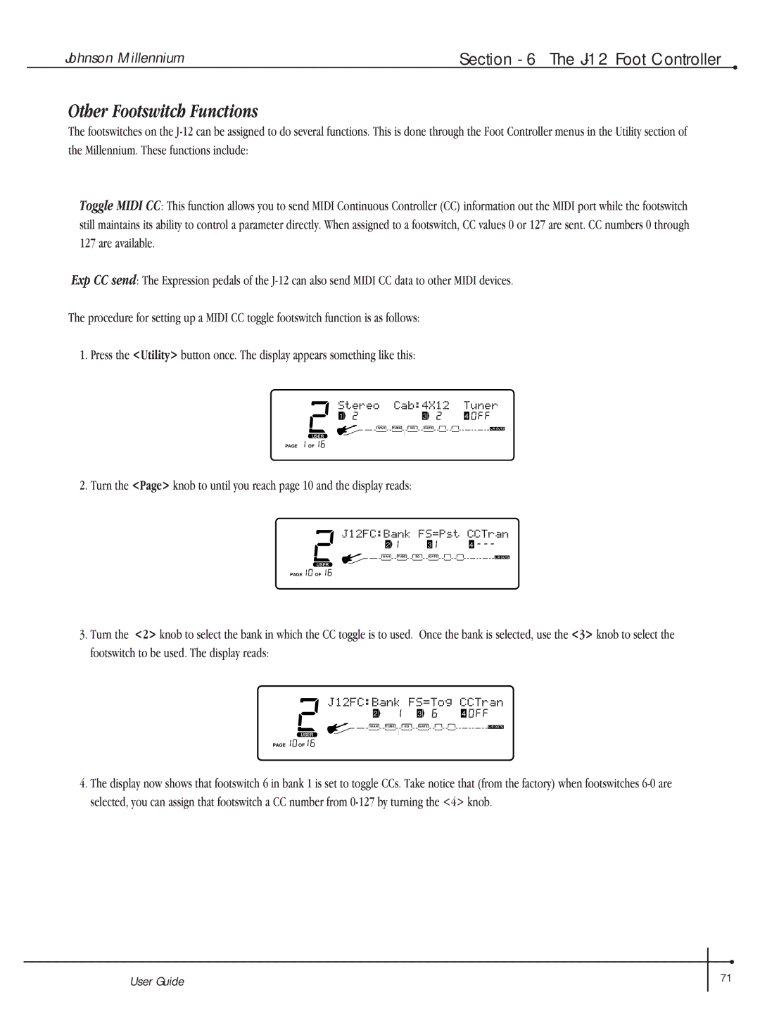 Millennium Enterprises Integrated Modeling Amplifier manual Other Footswitch Functions, J12FCBank FS=Tog CCTran 