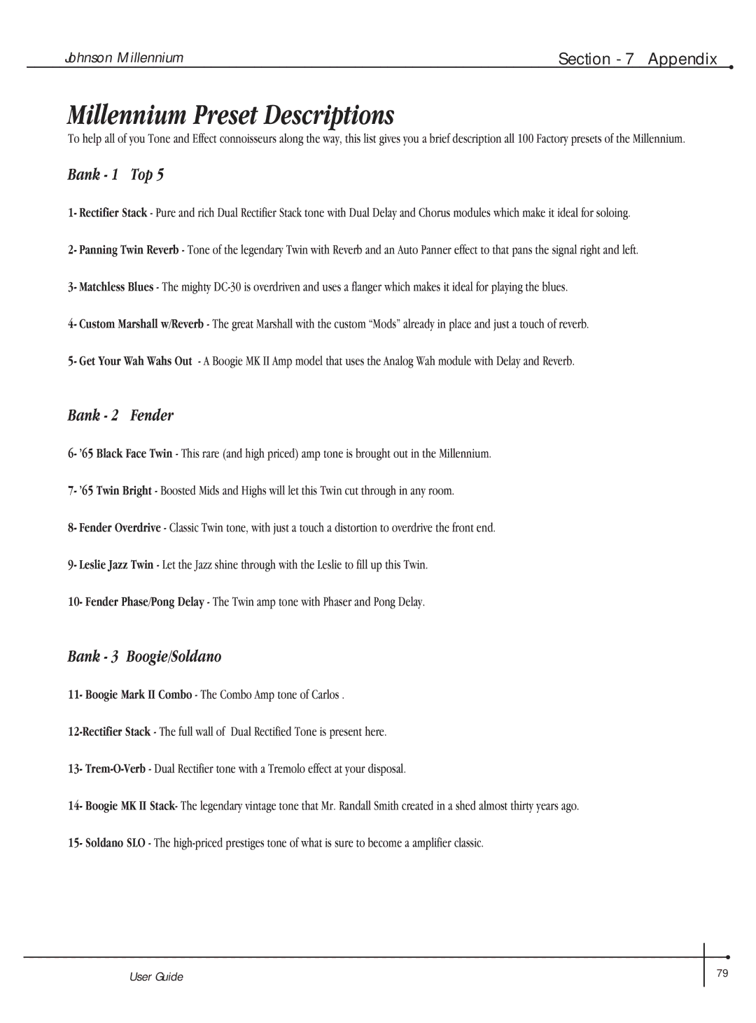 Millennium Enterprises Integrated Modeling Amplifier manual Millennium Preset Descriptions, Bank 3 Boogie/Soldano 