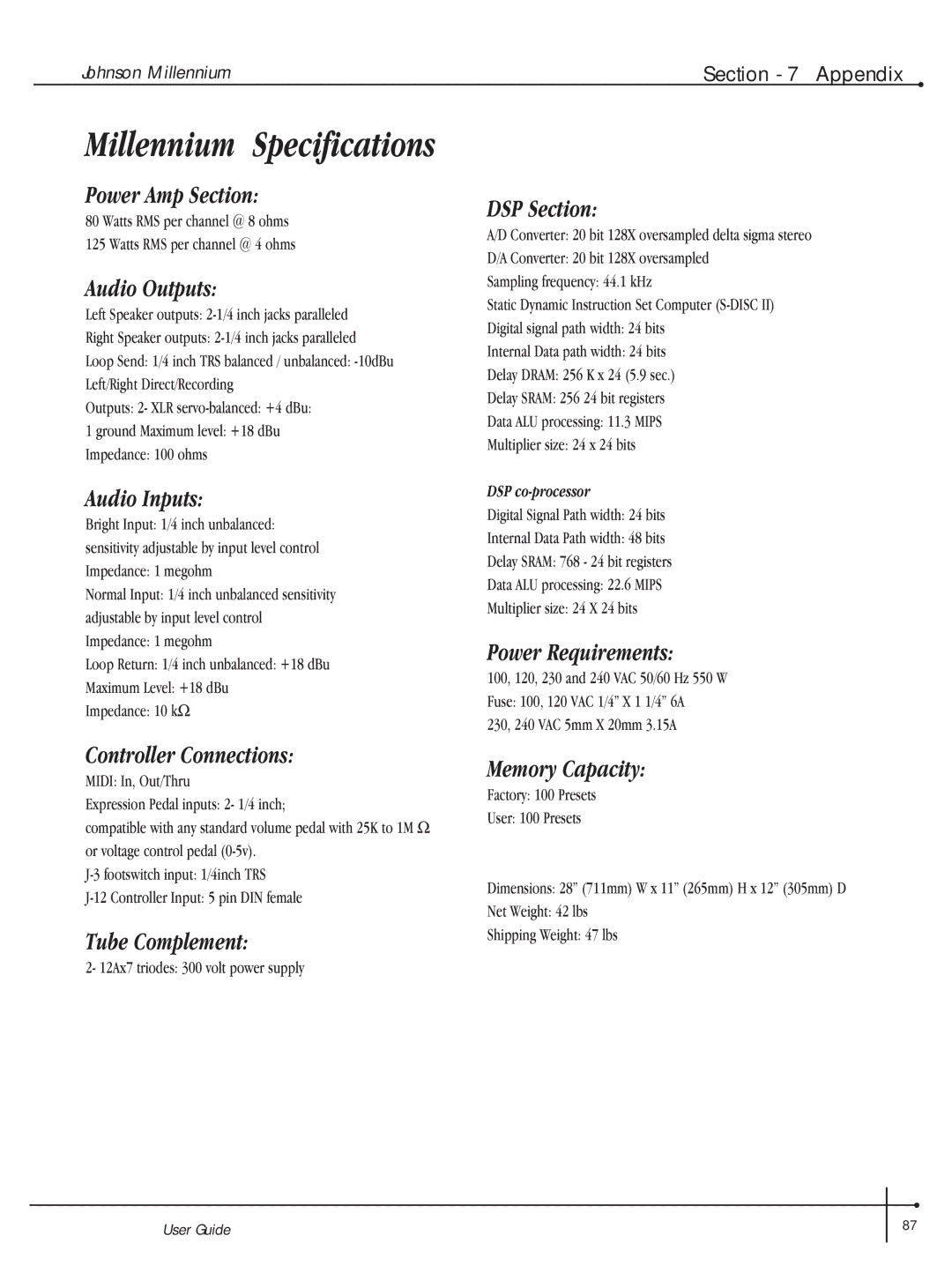 Millennium Enterprises Integrated Modeling Amplifier manual Power Amp Section, Audio Outputs, Audio Inputs, Tube Complement 