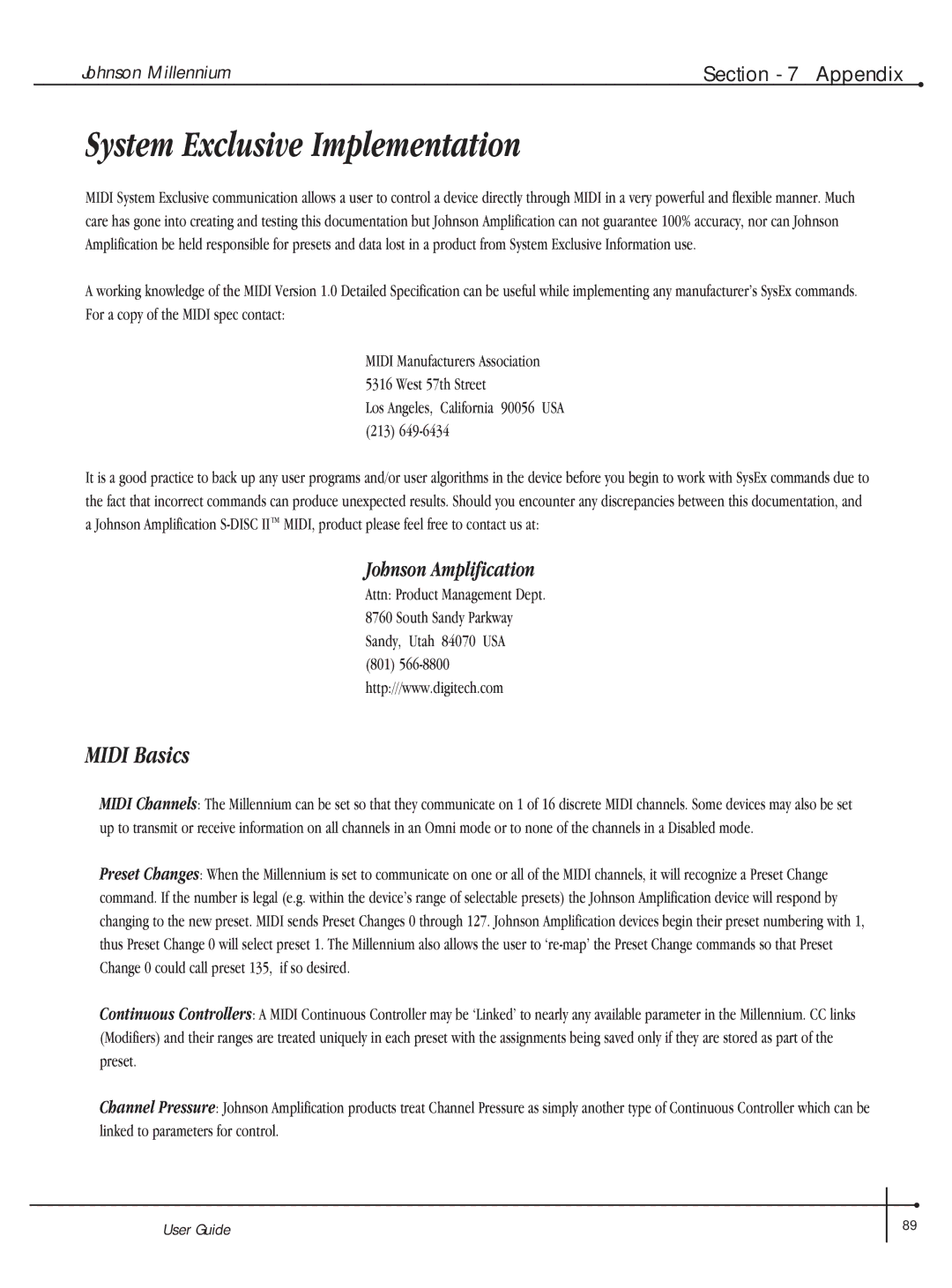 Millennium Enterprises Integrated Modeling Amplifier System Exclusive Implementation, Midi Basics, Johnson Amplification 