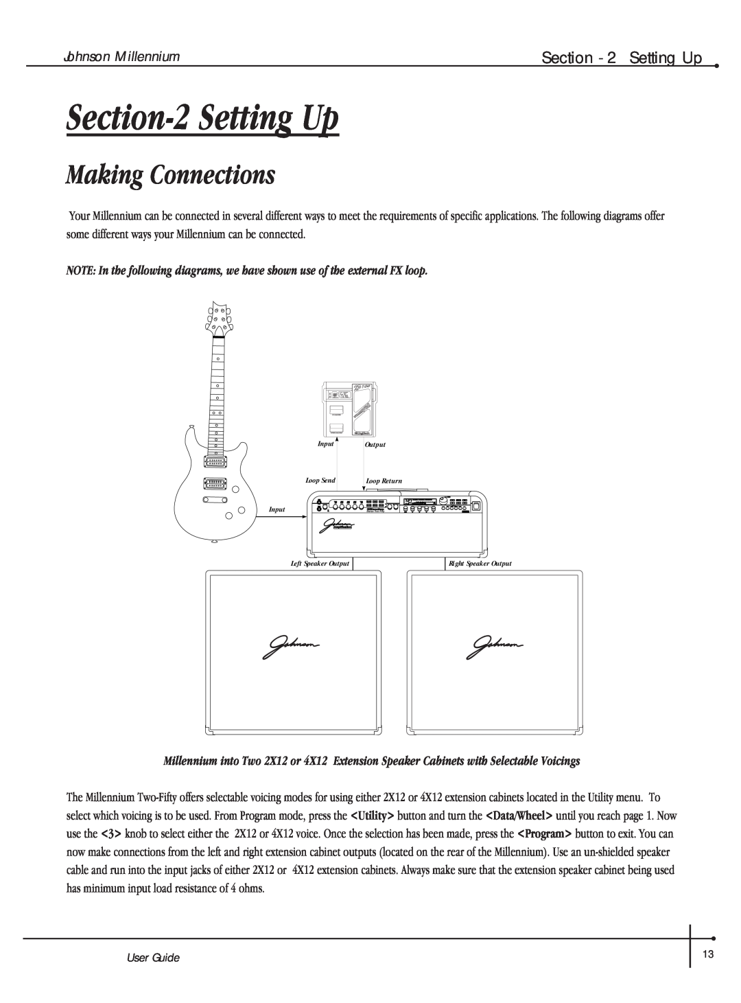 Millennium Enterprises Integrated Modeling Amplifier manual Setting Up, Making Connections, User Guide, Johnson Millennium 