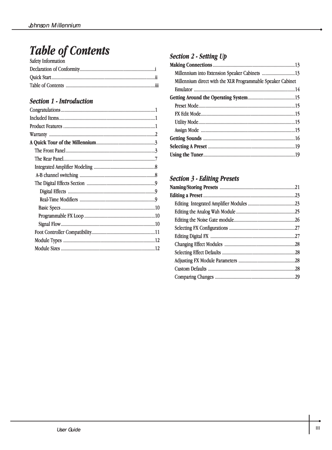 Millennium Enterprises Integrated Modeling Amplifier manual Table of Contents, Introduction, Setting Up, Editing Presets 
