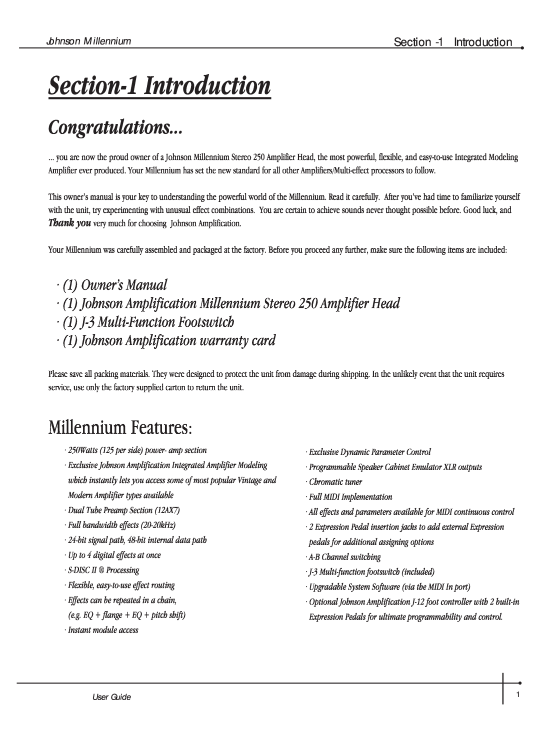 Millennium Enterprises Integrated Modeling Amplifier manual Introduction, Congratulations, Millennium Features, User Guide 
