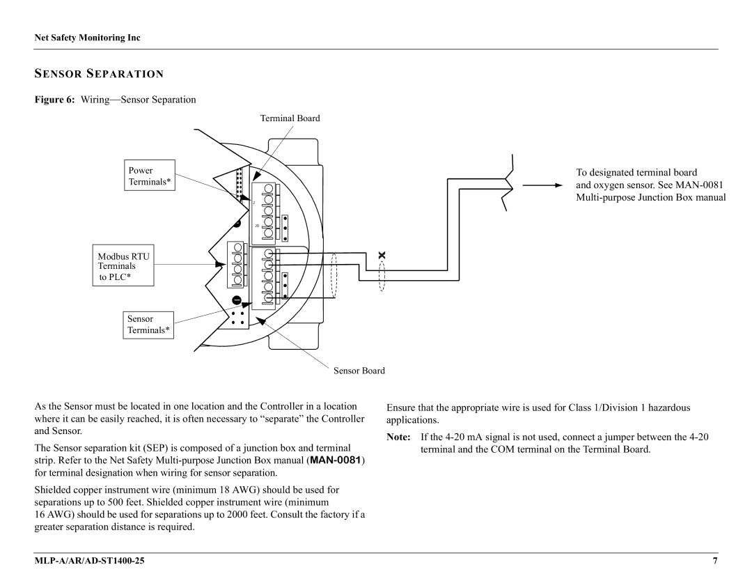 Millennium Enterprises MLP-A/AR, AD-ST1400-25 user manual Wiring-Sensor Separation 