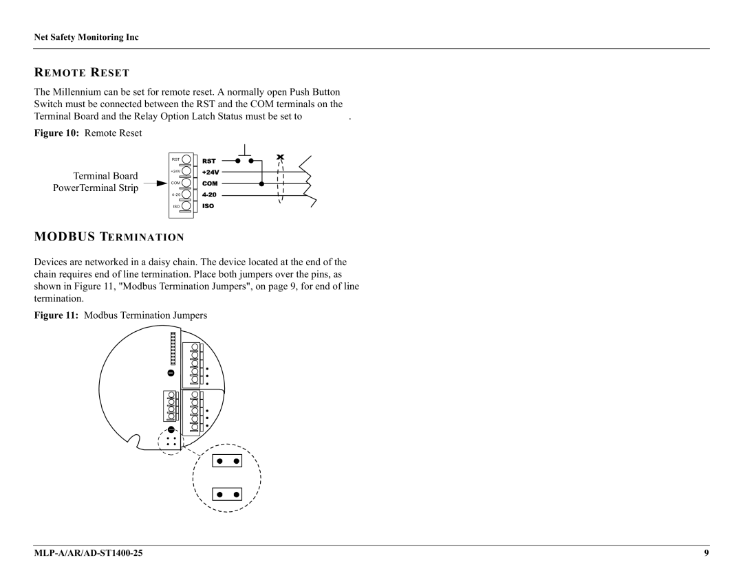 Millennium Enterprises MLP-A/AR, AD-ST1400-25 user manual Remote Reset, Modbus Termination 