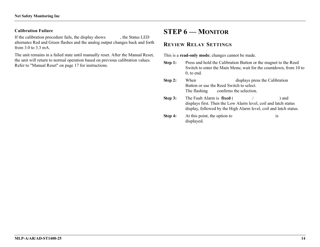 Millennium Enterprises AD-ST1400-25, MLP-A/AR user manual Monitor, Calibration Failure, Review Relay Settings 