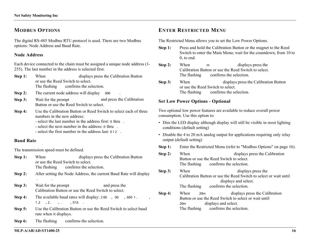 Millennium Enterprises AD-ST1400-25, MLP-A/AR Node Address, Baud Rate, Set Low Power Options Optional, Modbus Options 