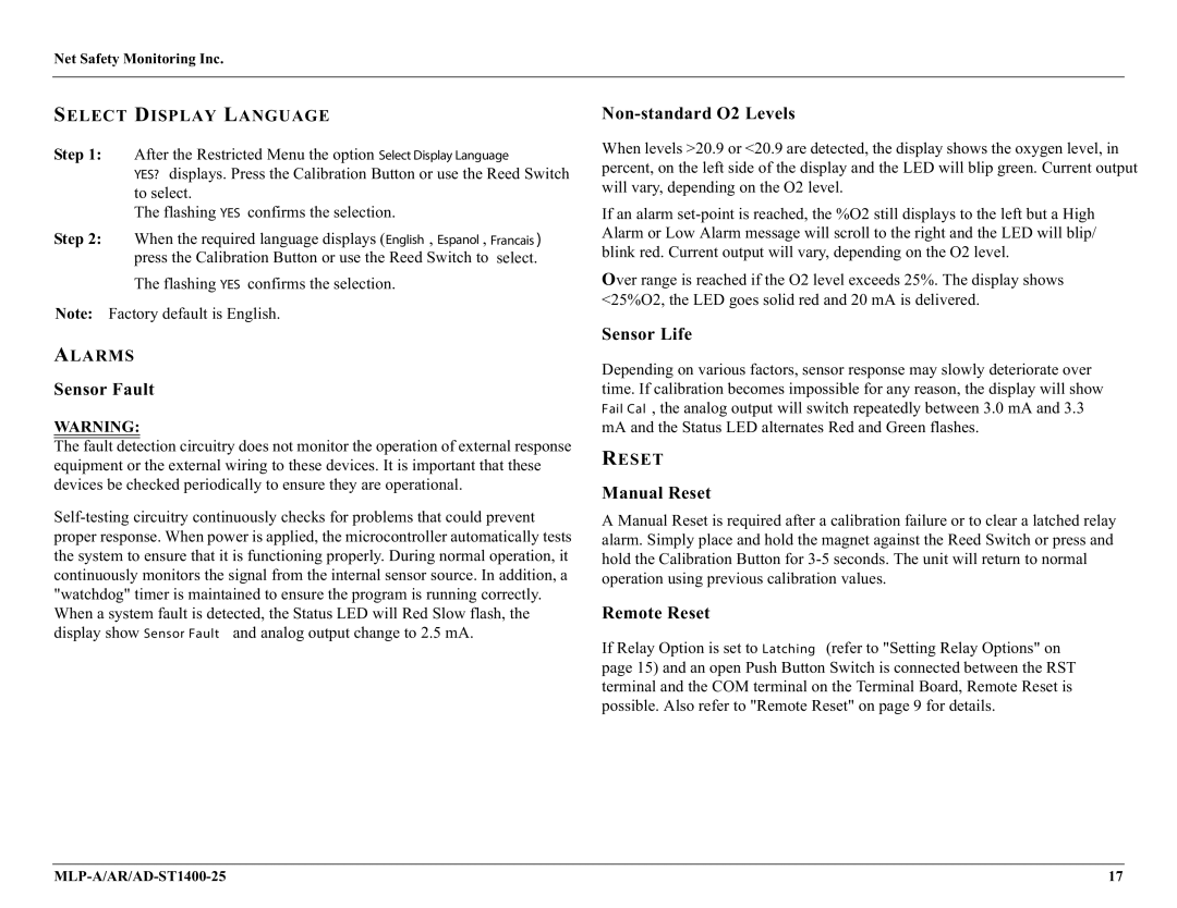 Millennium Enterprises MLP-A/AR user manual Sensor Fault, Non-standard O2 Levels, Sensor Life, Manual Reset, Remote Reset 