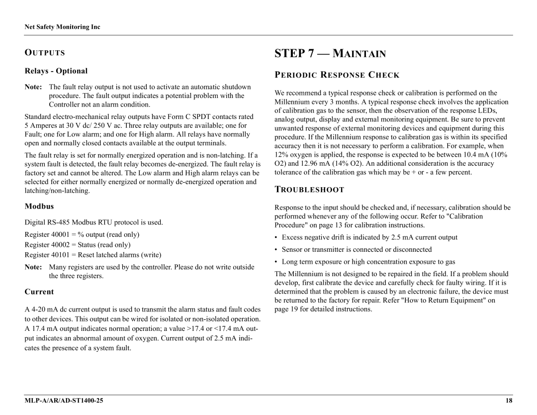 Millennium Enterprises AD-ST1400-25, MLP-A/AR user manual Maintain, Relays Optional, Modbus, Current 