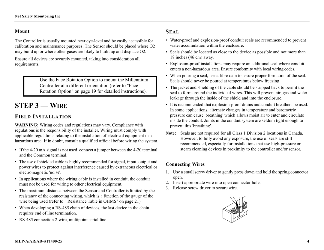 Millennium Enterprises AD-ST1400-25, MLP-A/AR user manual Mount, Connecting Wires, Field Installation, Seal 