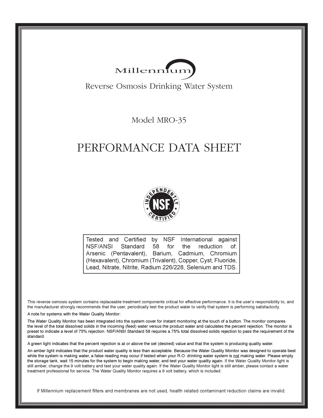 Millennium Enterprises MRO-35 manual Performance Data Sheet 