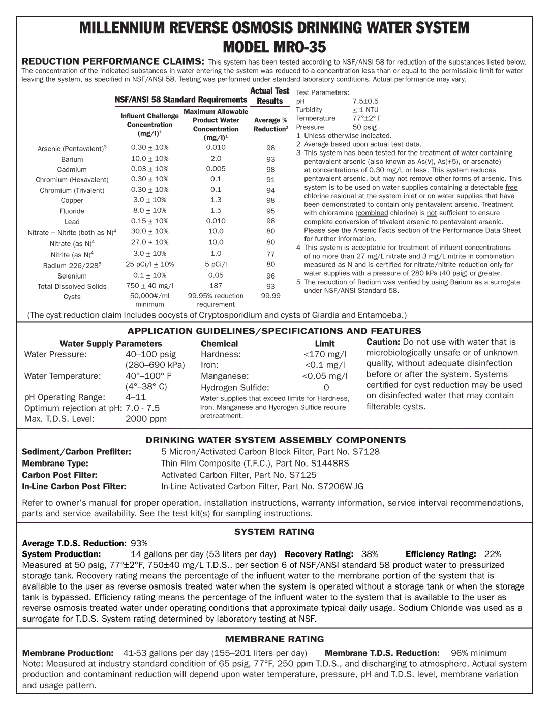 Millennium Enterprises manual Model MRO-35, Drinking Water System Assembly Components, System Rating, Membrane Rating 