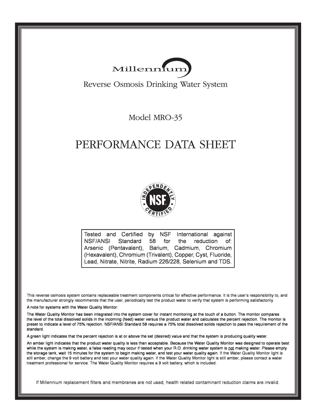 Millennium Enterprises manual Performance Data Sheet, Reverse Osmosis Drinking Water System, Model MRO-35, Millennium 