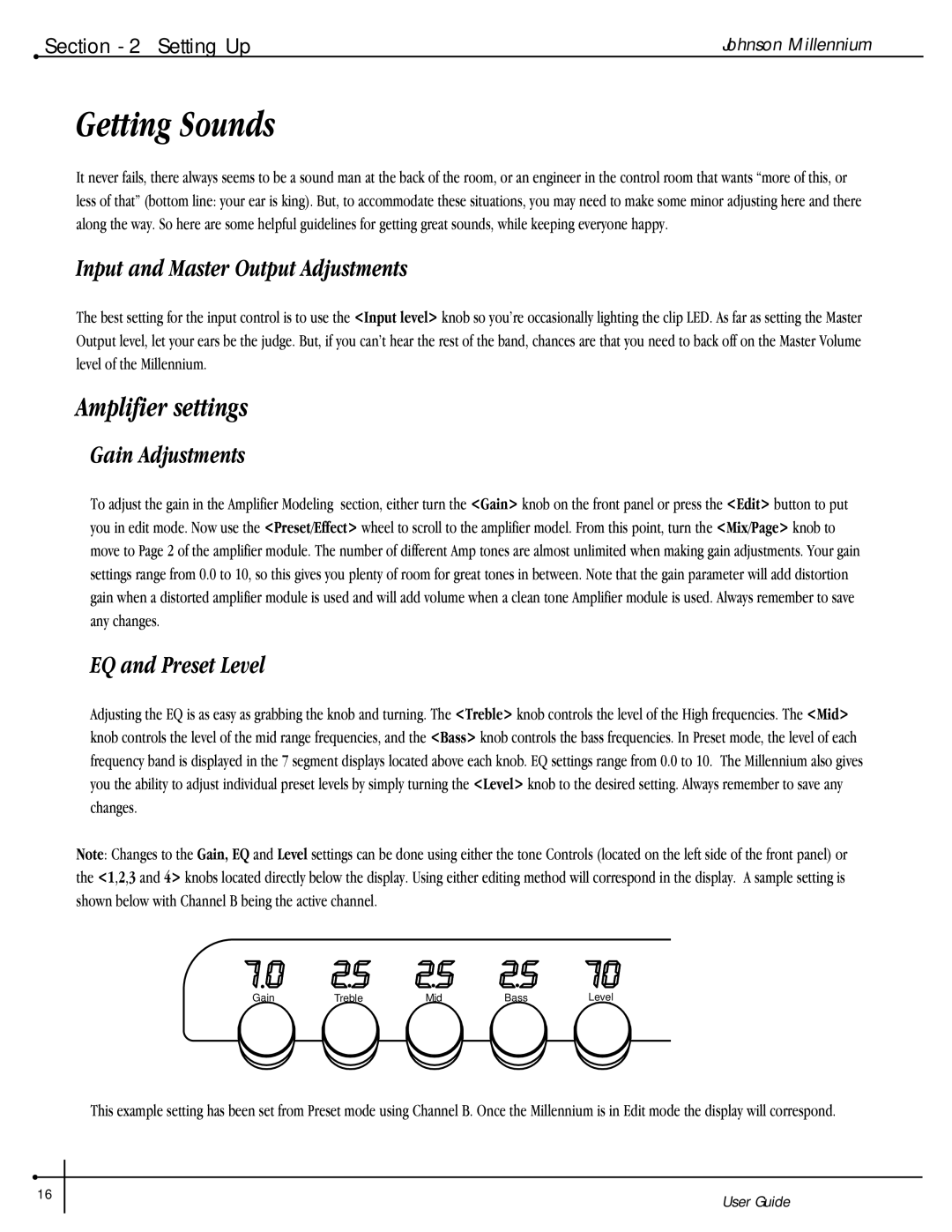 Millennium Enterprises Stereo150 manual Getting Sounds, Input and Master Output Adjustments, Gain Adjustments 