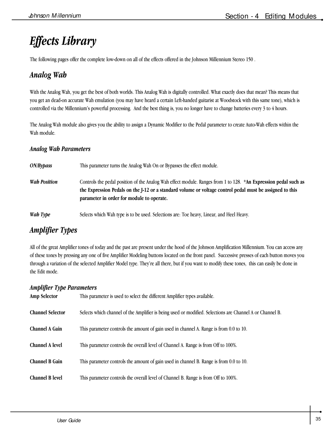 Millennium Enterprises Stereo150 Effects Library, Amplifier Types, Analog Wah Parameters, Amplifier Type Parameters 