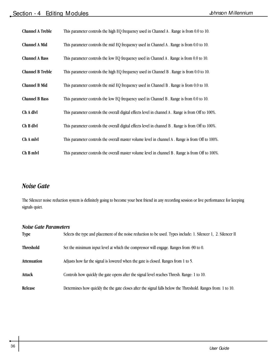 Millennium Enterprises Stereo150 manual Noise Gate Parameters 