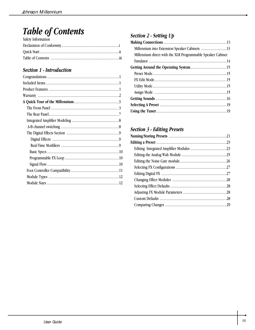 Millennium Enterprises Stereo150 manual Table of Contents 