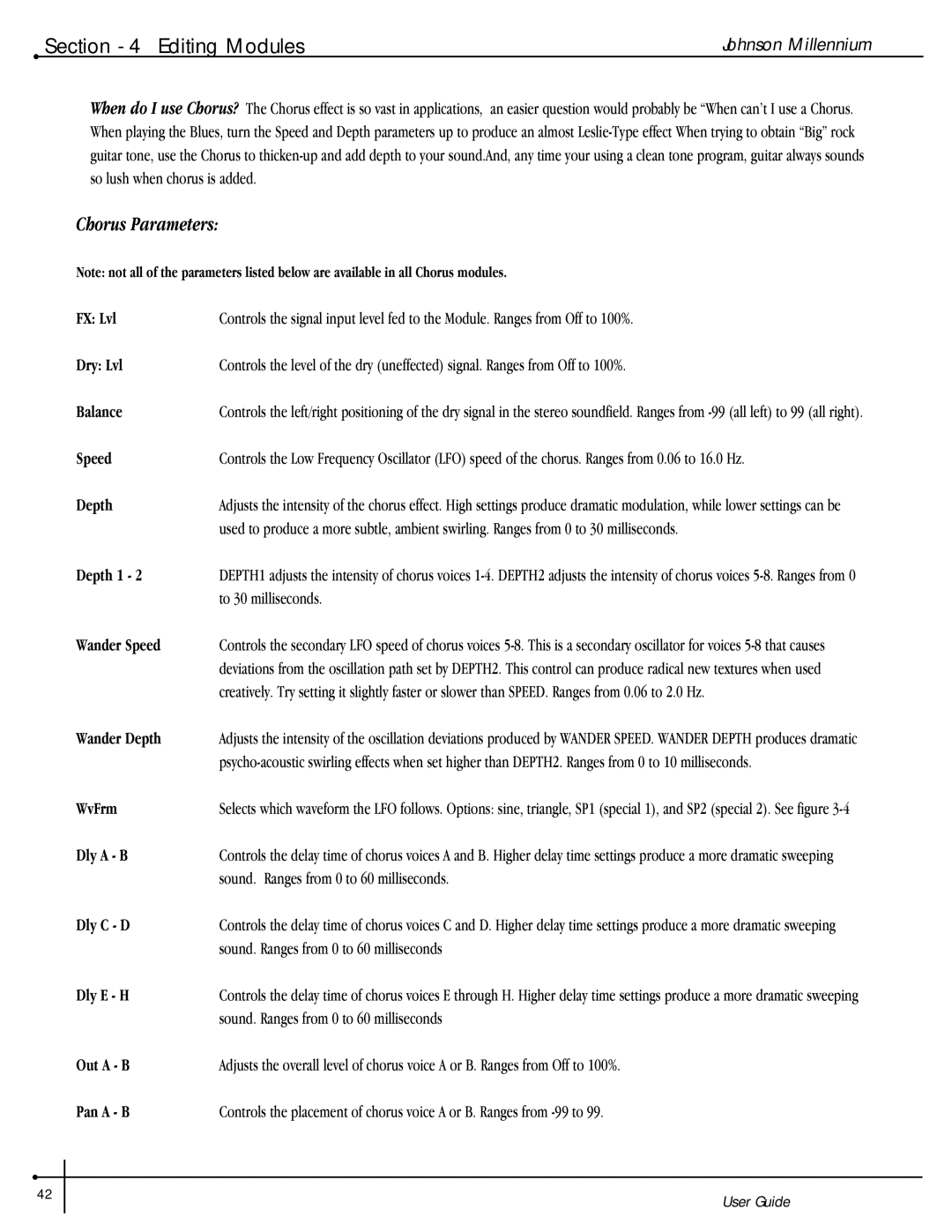 Millennium Enterprises Stereo150 manual Chorus Parameters 