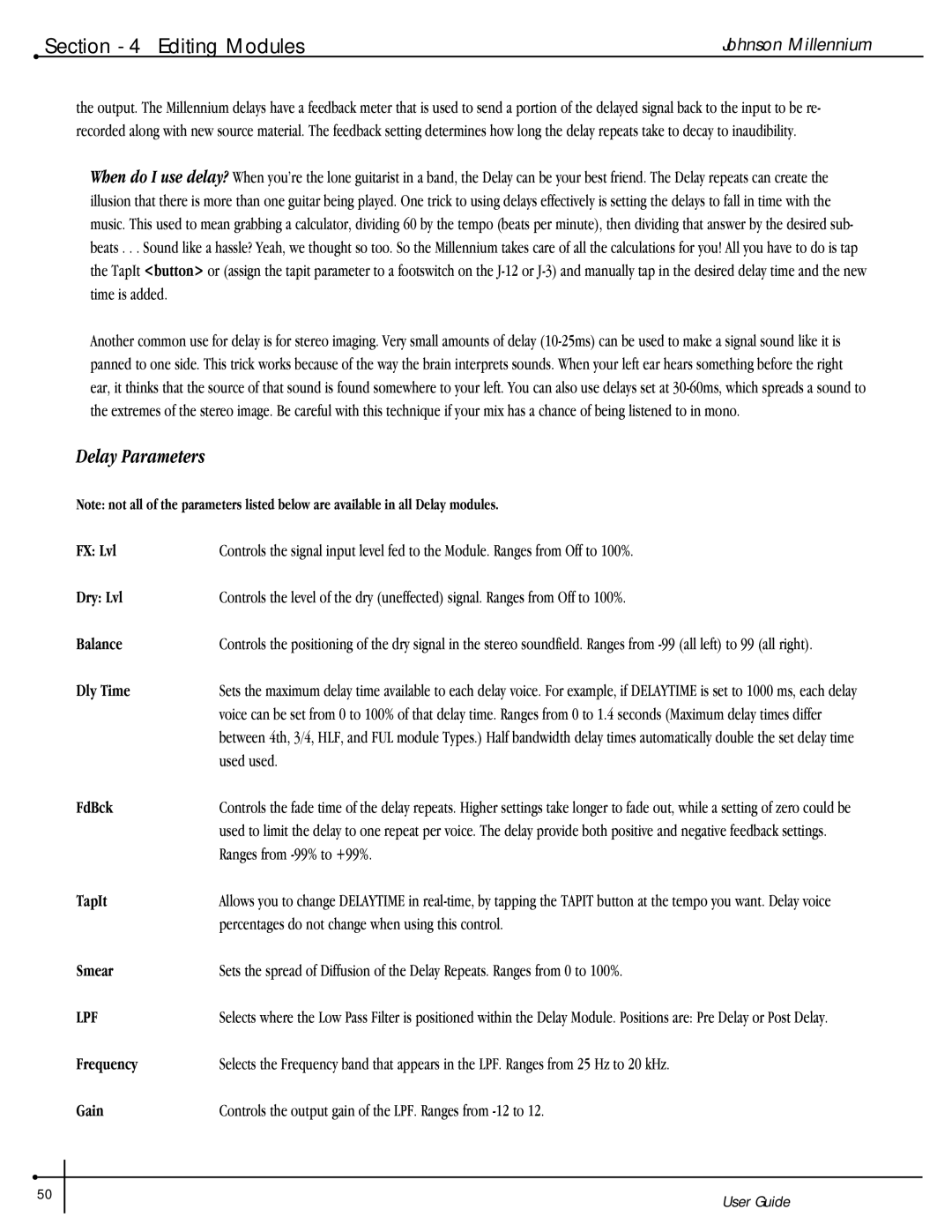 Millennium Enterprises Stereo150 manual Delay Parameters 