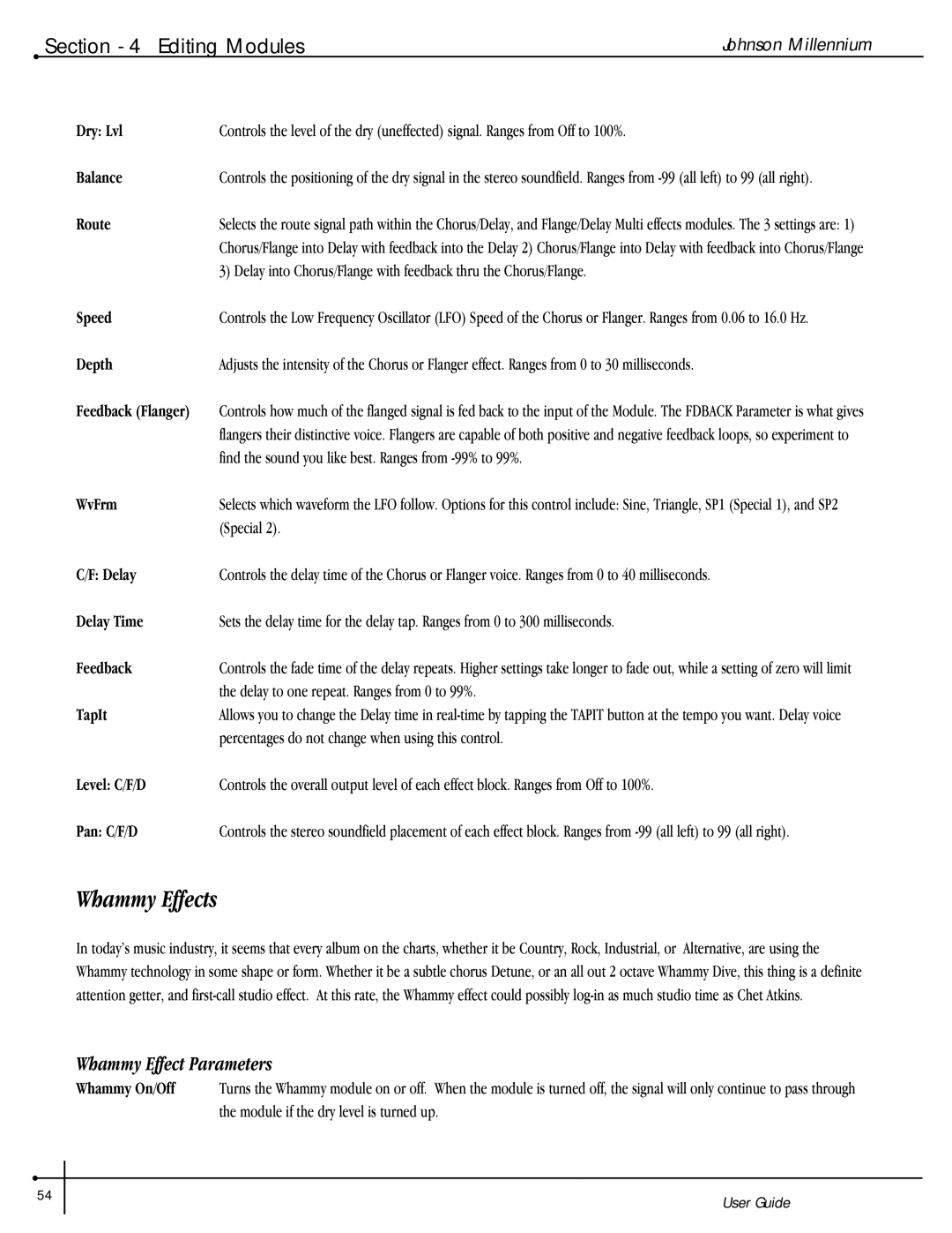 Millennium Enterprises Stereo150 manual Whammy Effects, Whammy Effect Parameters 