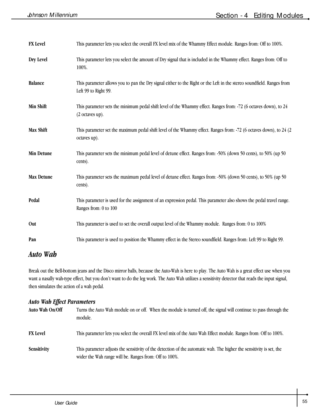 Millennium Enterprises Stereo150 manual Auto Wah Effect Parameters 