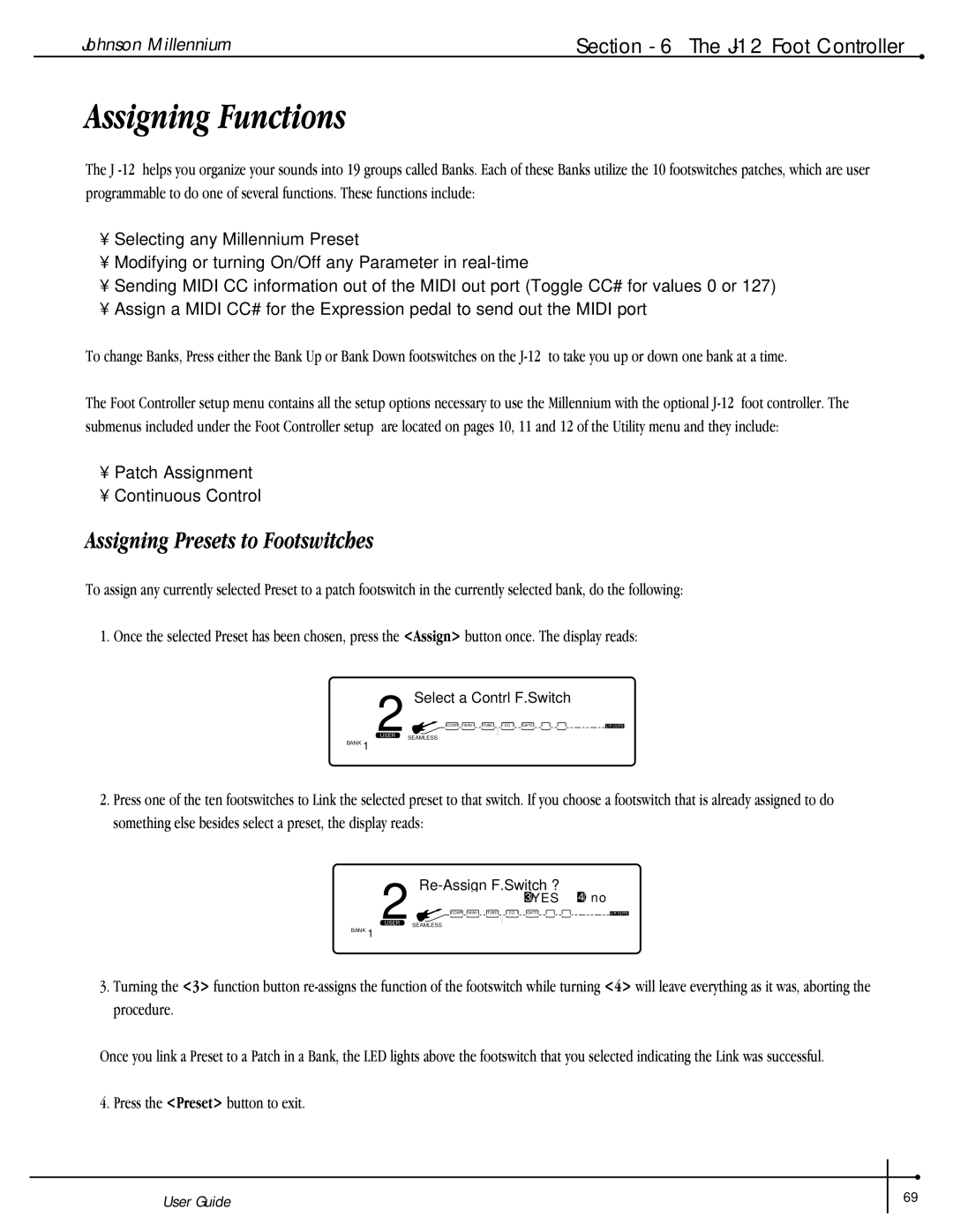 Millennium Enterprises Stereo150 Assigning Functions, Assigning Presets to Footswitches, Press the Preset button to exit 