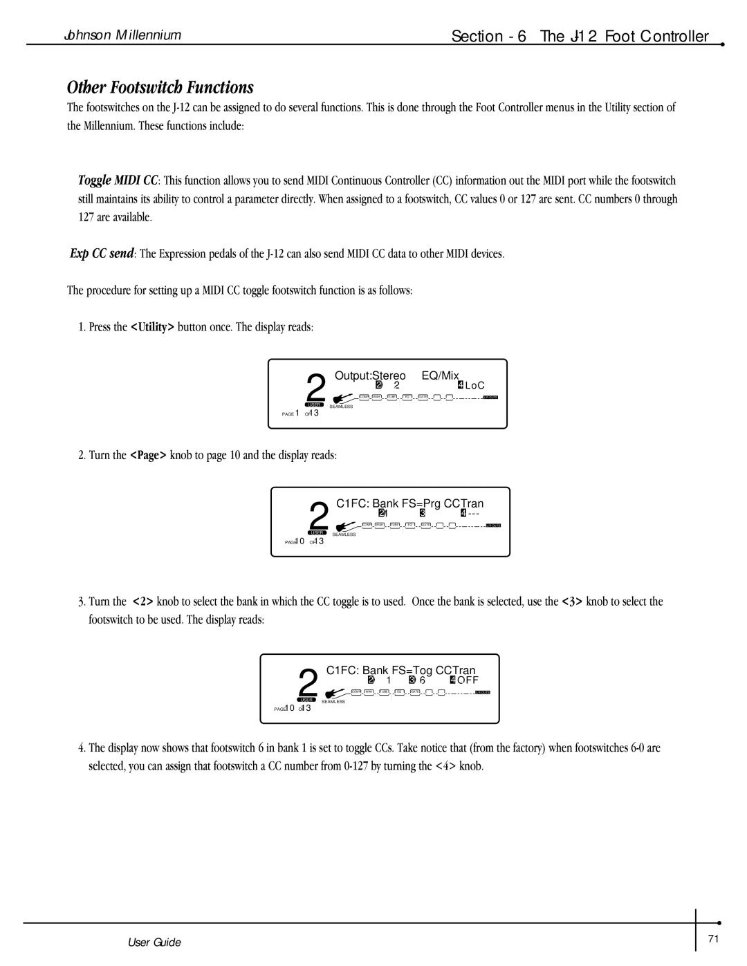 Millennium Enterprises Stereo150 manual Other Footswitch Functions, Turn the Page knob to page 10 and the display reads 