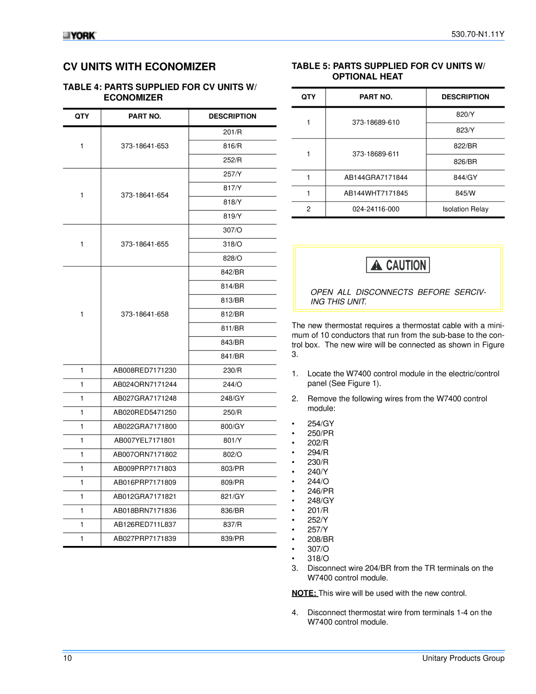 Millennium Enterprises Y13, Y14 Parts Supplied for CV Units W/ Economizer, Parts Supplied for CV Units W/ Optional Heat 