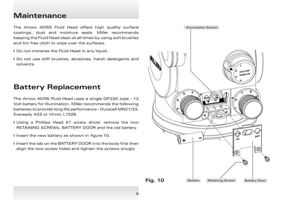 Miller Camera Support 1025 manual Maintenance, Battery Replacement 