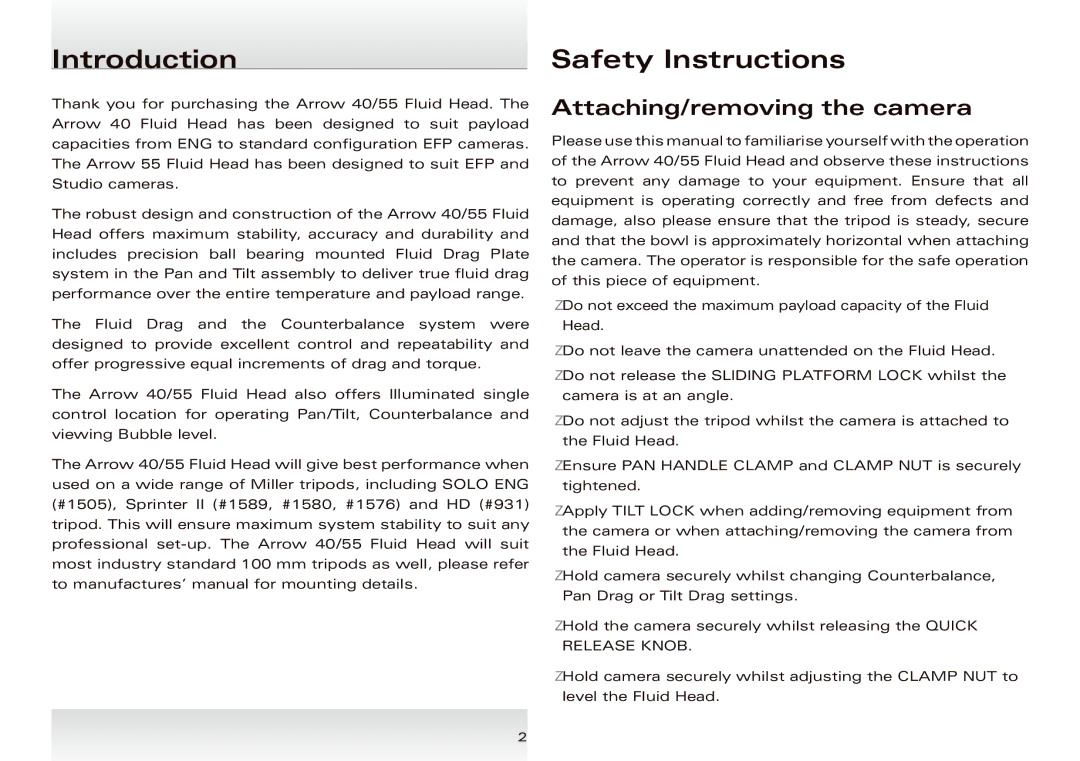 Miller Camera Support 1025 manual Introduction Safety Instructions, Attaching/removing the camera 