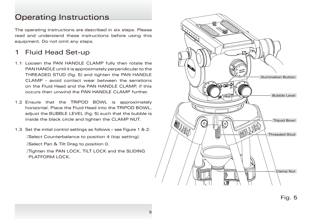 Miller Camera Support 1025 manual Operating Instructions, Fluid Head Set-up 