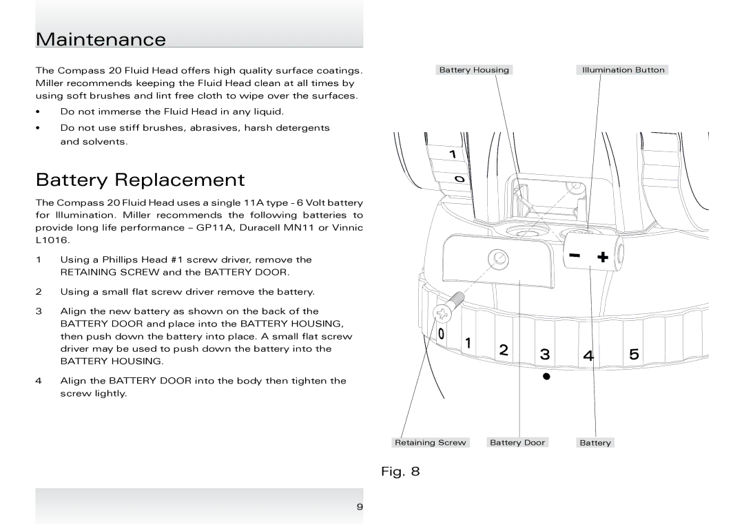 Miller Camera Support 1036 manual Maintenance, Battery Replacement 