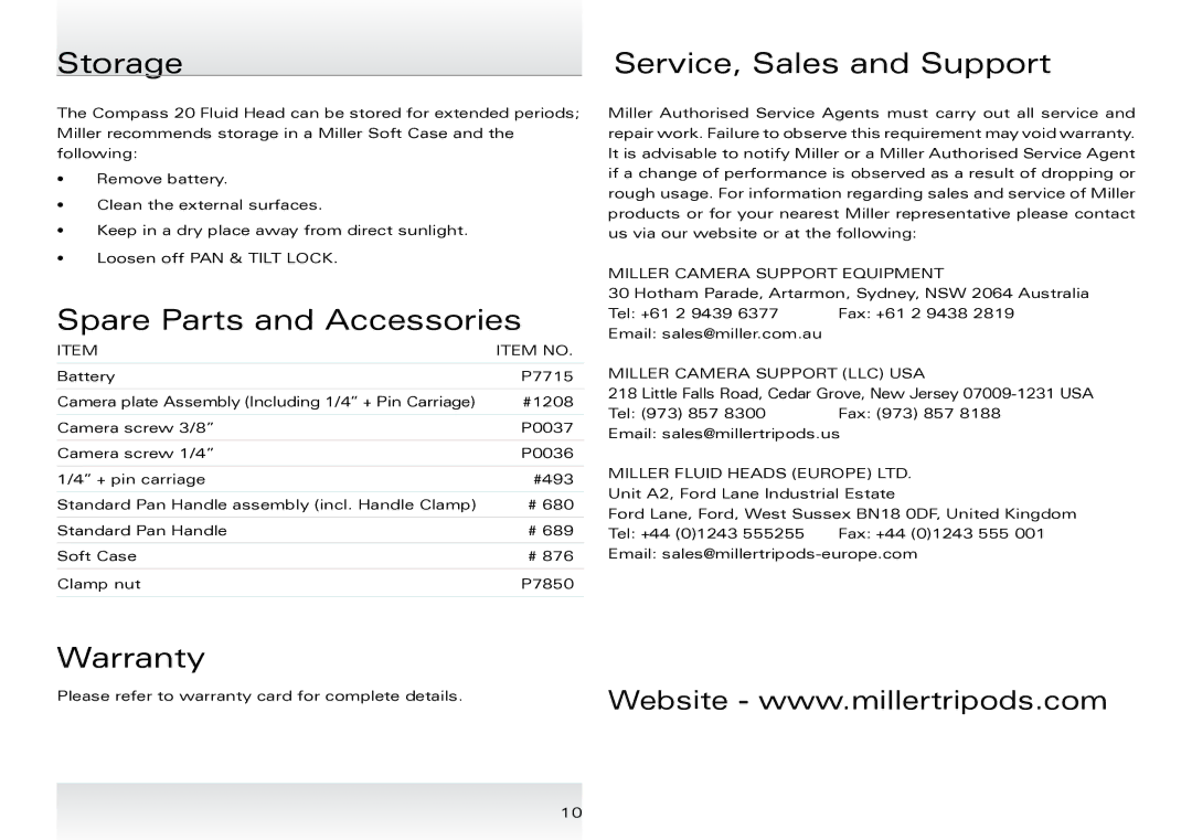 Miller Camera Support 1036 manual Storage Service, Sales and Support, Spare Parts and Accessories, Warranty 