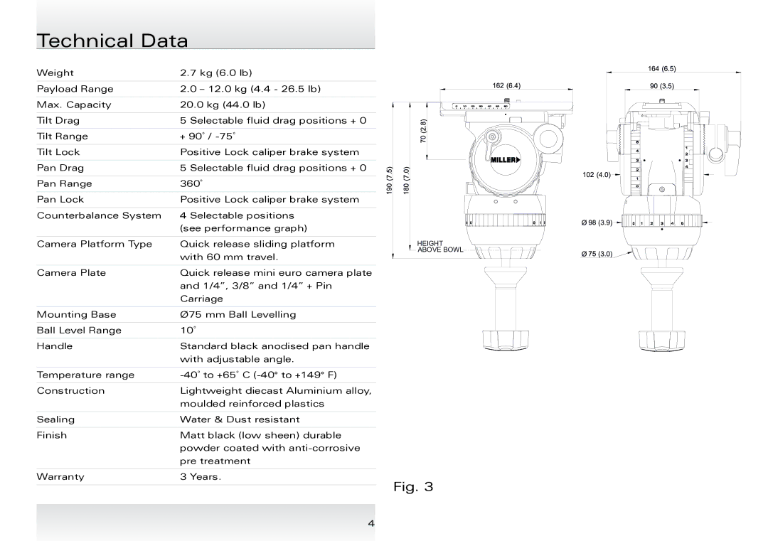 Miller Camera Support 1036 manual Technical Data 