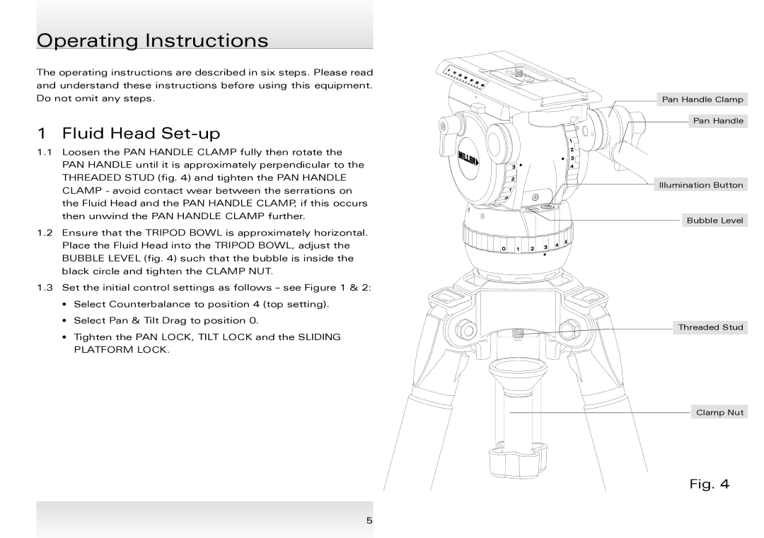 Miller Camera Support 1036 manual Operating Instructions, Fluid Head Set-up 