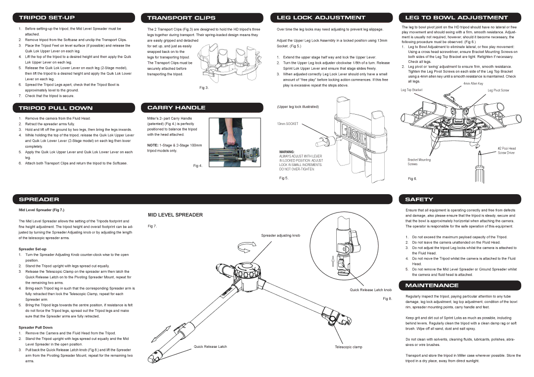 Miller Camera Support 150 Tripod SET-UP, Tripod Pull Down, Transport Clips, Carry Handle, LEG Lock Adjustment, Spreader 