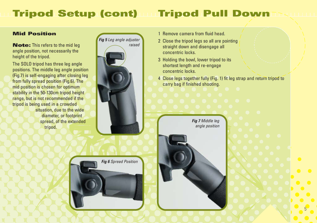 Miller Camera Support 1501, 1630, 1505 manual Tripod Setup cont Tripod Pull Down, Mid Position, Remove camera from fluid head 