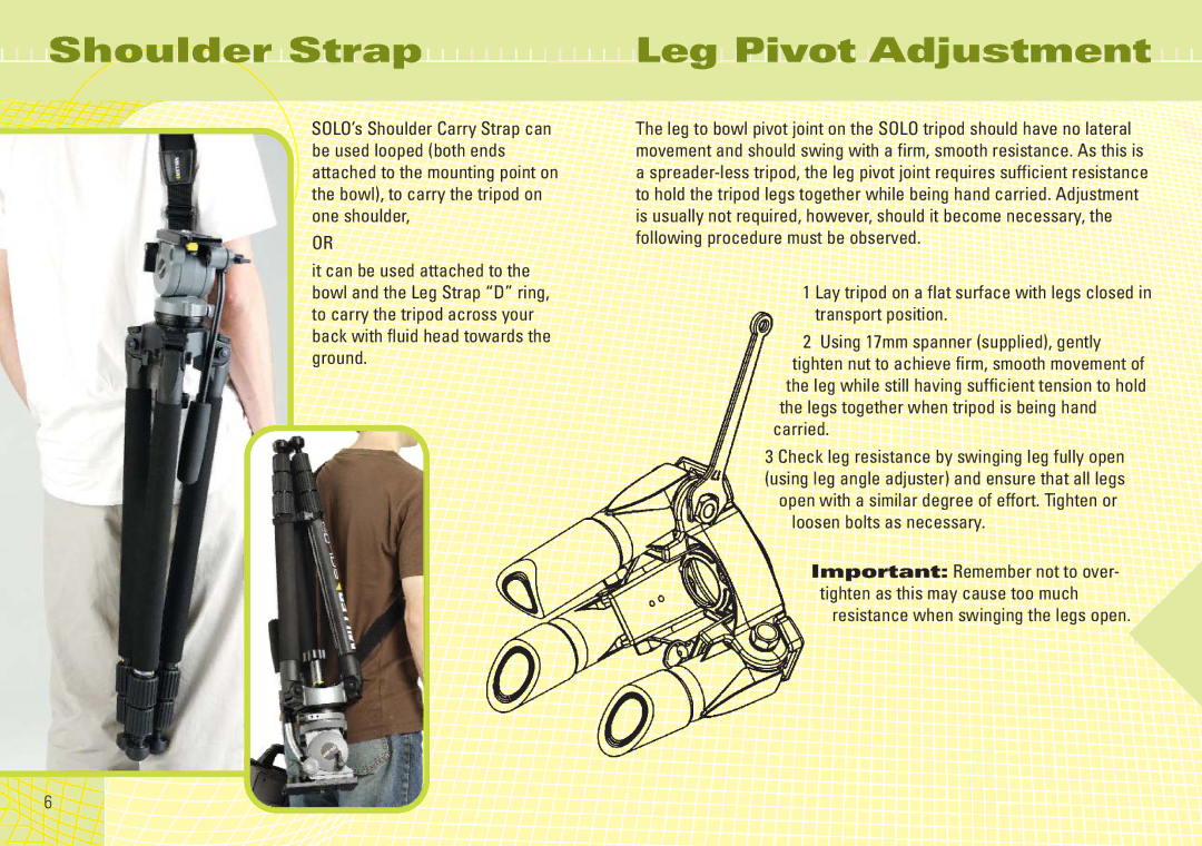 Miller Camera Support 1630, 1505, 1501 manual Shoulder Strap Leg Pivot Adjustment 