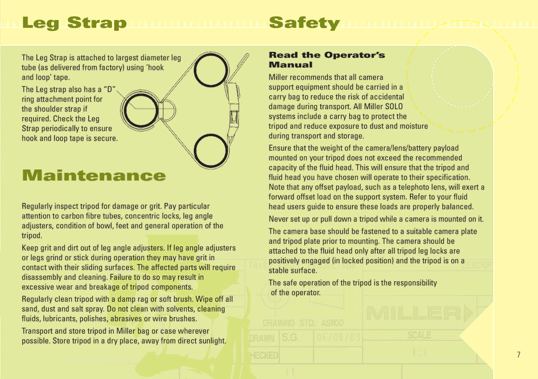 Miller Camera Support 1505, 1630, 1501 manual Leg Strap Safety, Maintenance, Read the Operator’s Manual 