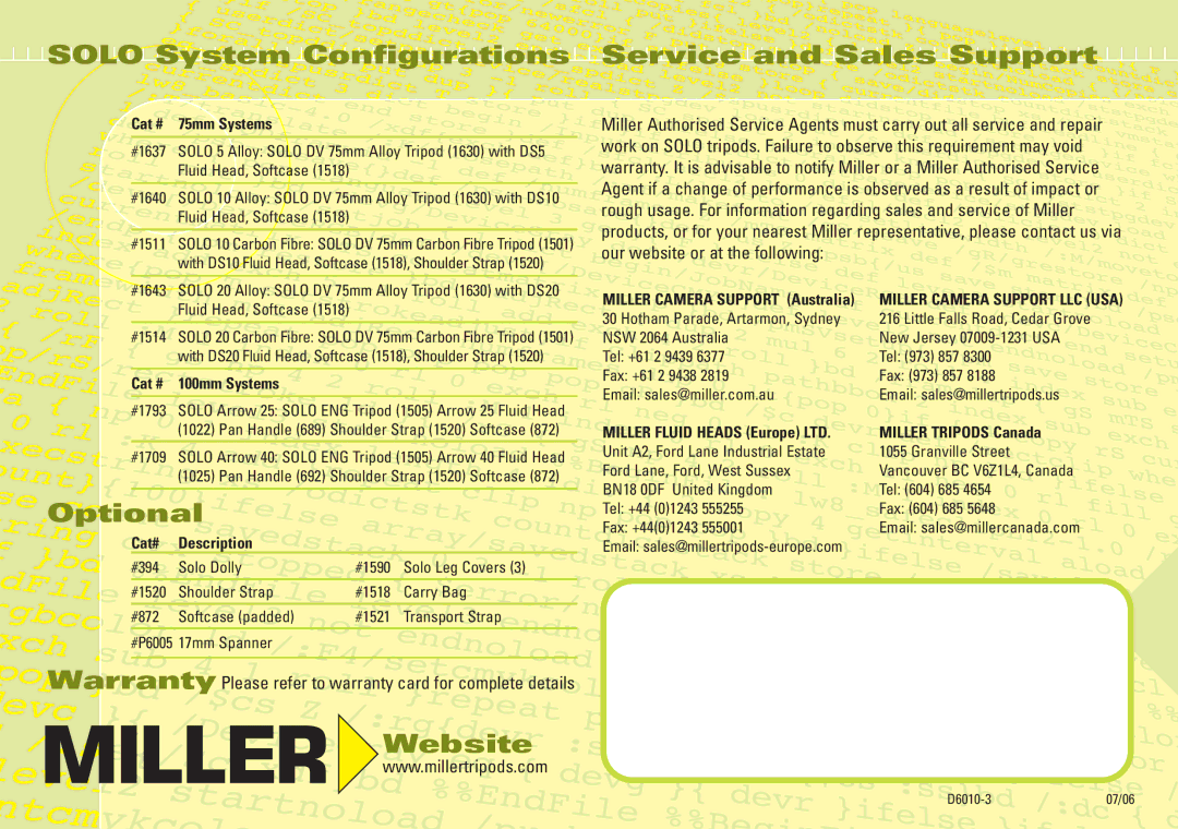 Miller Camera Support 1501 Our website or at the following, Warranty Please refer to warranty card for complete details 