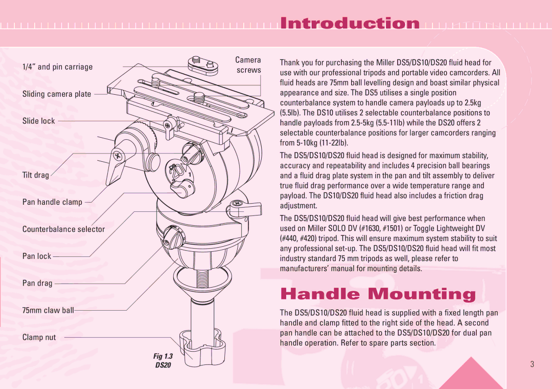 Miller Camera Support DS5, DS10, DS20 manual Introduction, Handle Mounting 