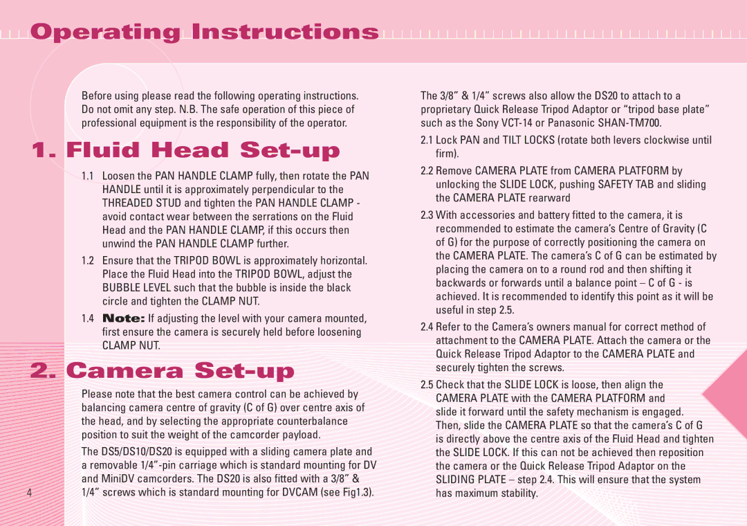 Miller Camera Support DS5, DS10, DS20 manual Operating Instructions, Fluid Head Set-up, Camera Set-up 