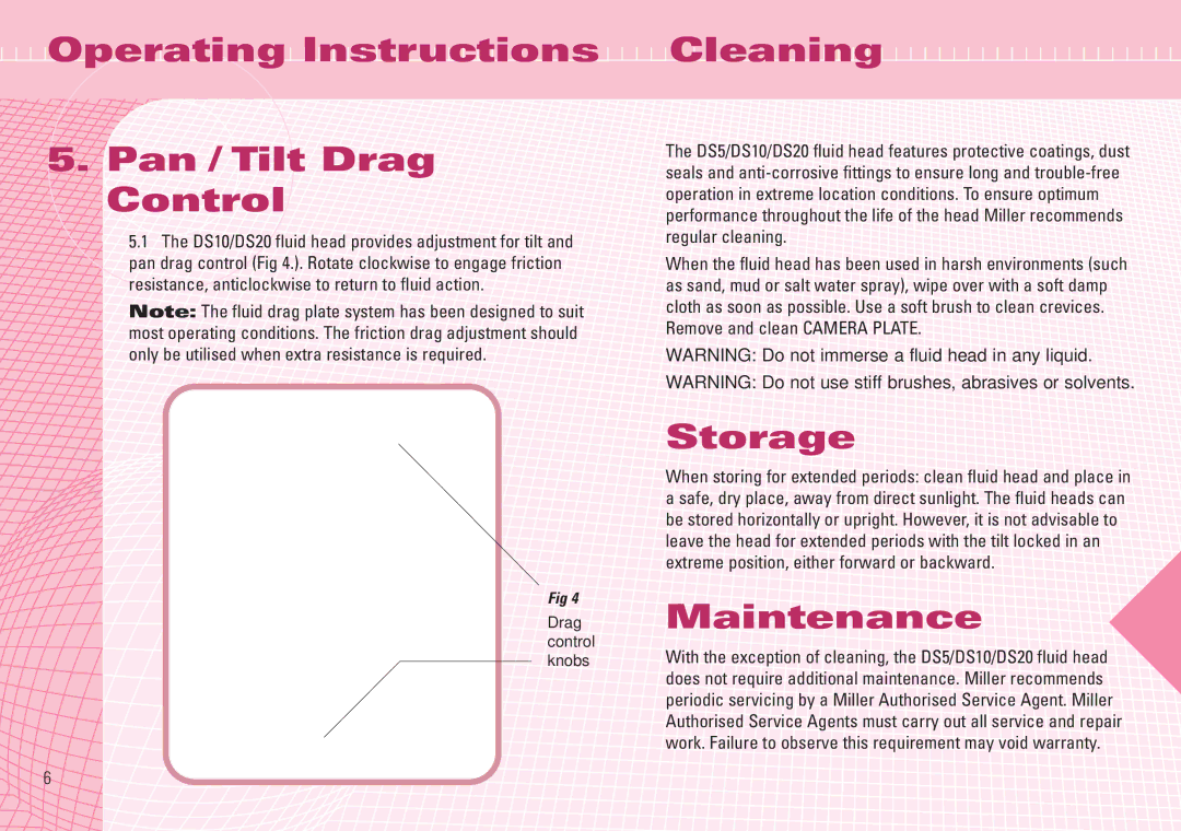 Miller Camera Support DS10, DS20 manual Operating Instructions Pan / Tilt Drag Control, Cleaning, Storage, Maintenance 