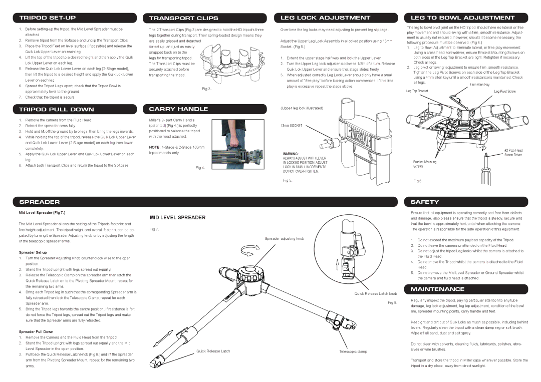 Miller Camera Support HD150 Tripod SET-UP, Tripod Pull Down, Transport Clips, Carry Handle, LEG Lock Adjustment, Spreader 