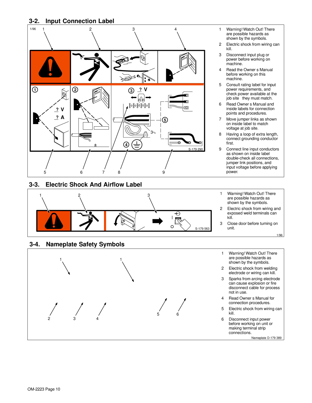 Miller Electric 1250, 1000 manual Input Connection Label, Electric Shock And Airflow Label, Nameplate Safety Symbols, ? a 