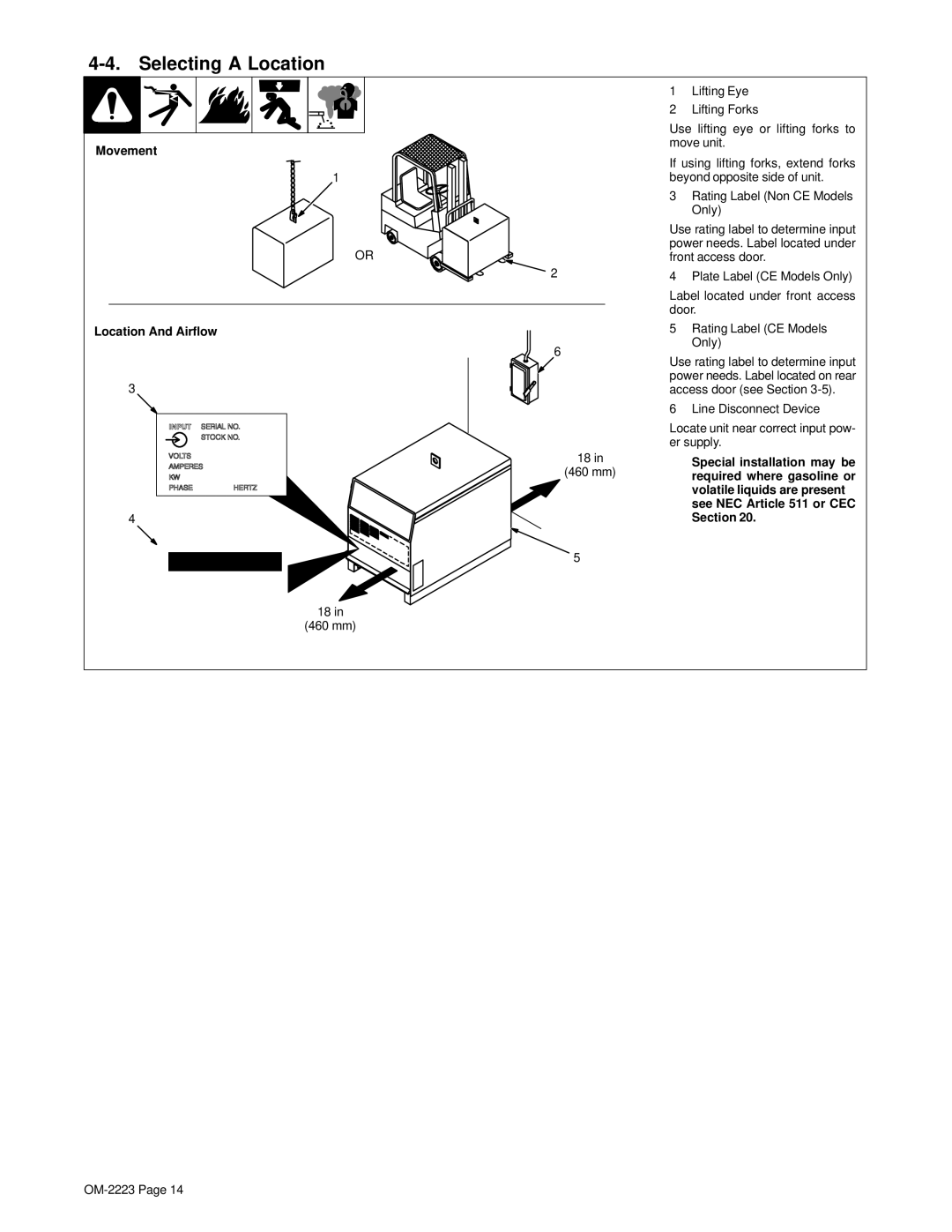 Miller Electric 1250, 1000 manual Selecting a Location, Movement Location And Airflow 